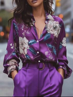 Luxe Satin Classic Floral Button-Up Down Shirt Top Blouse